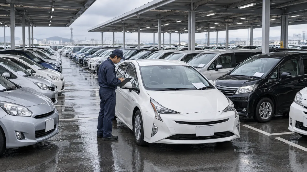 Инспектор японского автоаукциона осматривает Toyota Prius