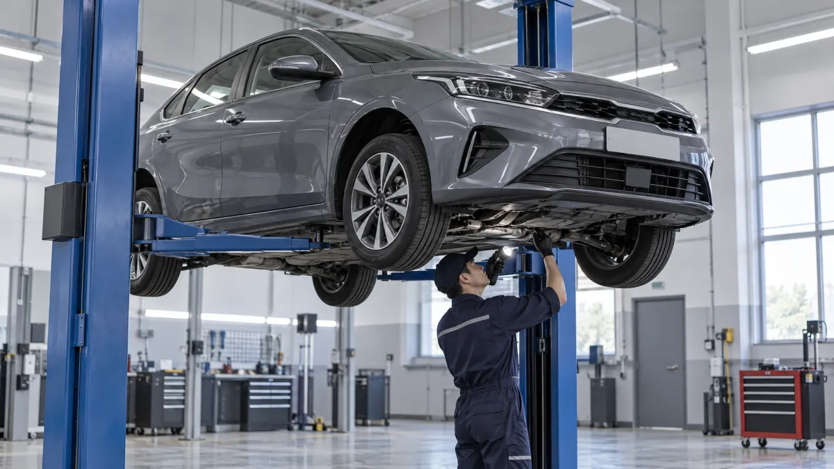 Механик проверяет подвеску Kia K3 на подъёмнике перед учётом