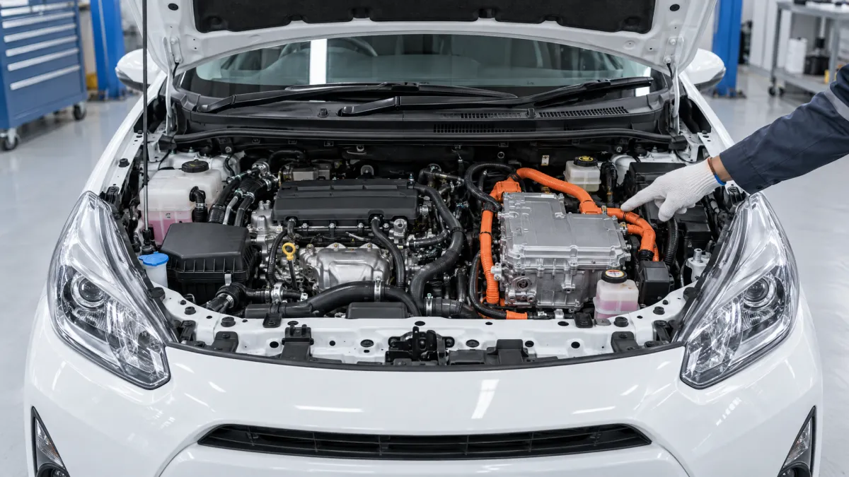 Двигатель и инвертор гибрида Toyota Aqua с оранжевыми высоковольтными кабелями